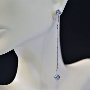 Crystal Rhinestones Silver Chain Dangling Drop Earrings  2.75" L